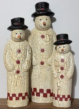 Wood Snowmen Figurines Crackle Finish Rustic Christmas Decor Set Of 3