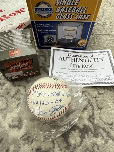 Pete Rose Signed Baseball Inscribed 1st Hit 4000 Hit Authenticity Cert + Case