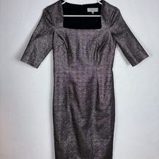 Teri Jon Metallic Silver And Gold Square Neck Cocktail Dress S Knee Length