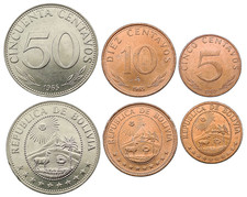 BOLIVIA – SET OF 3 COINS 5–50 CENTAVOS 1965 UNC