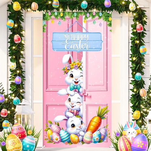 Happy Easter Door Cover Decorations Pink Bunny Eggs Banner