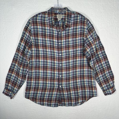 L.L. Bean Linen Shirt Men Sz Large Slightly Fitted Plaid Summer Office - Picture 2 of 11