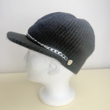 Nicole Miller New York Women's Black Ribbed Knit Peak Hat Silver Chain Detail