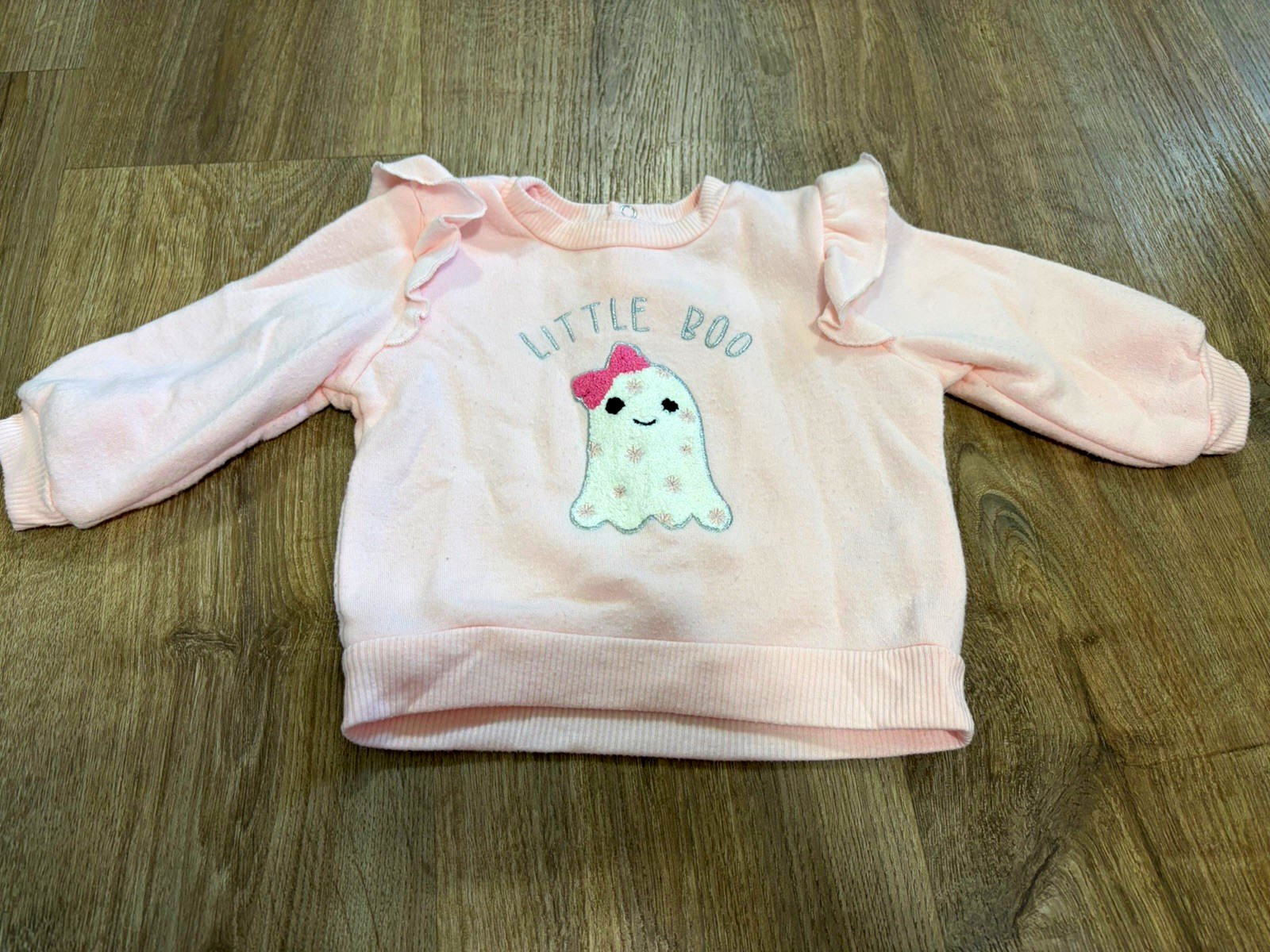 Pink Baby Girl Sweatshirt 6-9M Little Boo Ghost Embroidered Ruffle Fleece