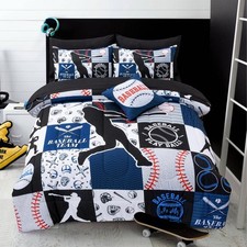 Sports Geometric Grid Black Patchwork Baseball Printed for Boys Twin 6Pcs Bed...
