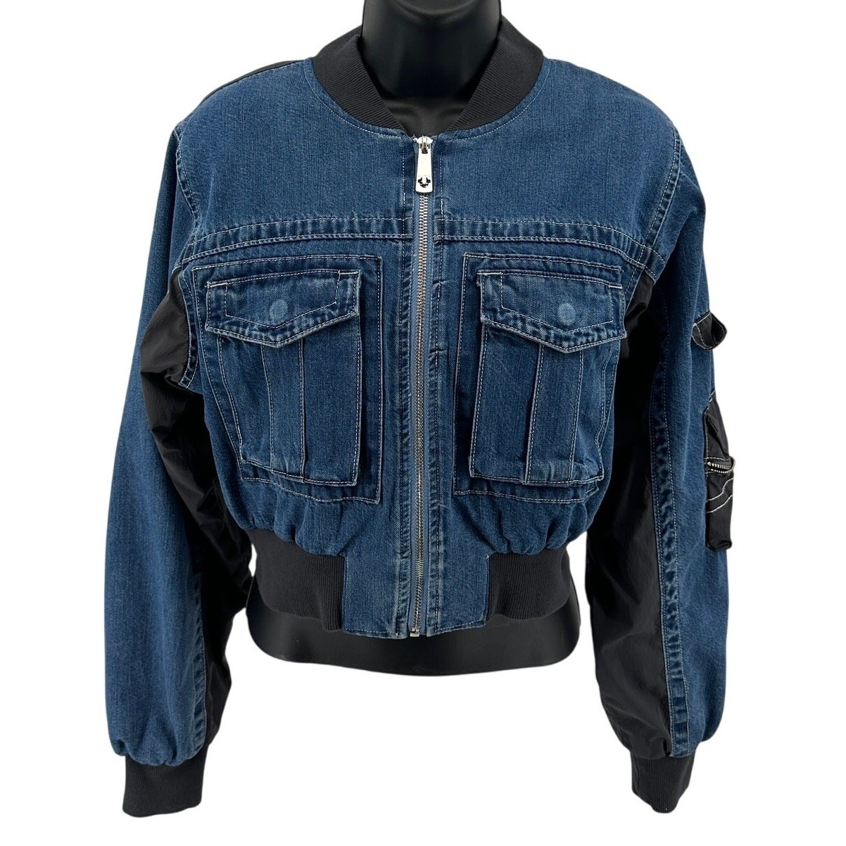 Giacca jeans True Religion WMNS M blu denim crop full zip cargo fila sedile elasticizzato