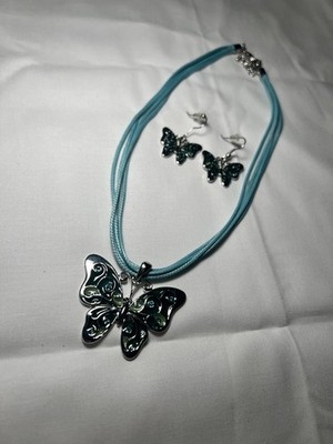 Blue & Silver Tone Rhinestone Butterfly Pendant Necklace and Earrings Set