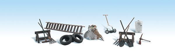 Woodland Scenics Gartengeräte Set H0 1:87 - Miniatur Leiter, Schaufel & Rasenmäher Für Modelleisenbahn