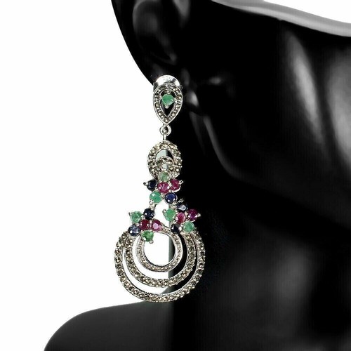 Sterling Silver Earrings Sapphire Ruby Emerald Marcasite Genuine Natural Gems - Picture 4 of 24