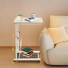 Adjustable Bed Side Table With Wheels, 2 Tier C Shaped Mobile Standalone Table