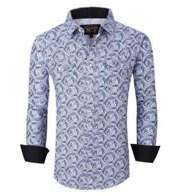 #ad Mens WESTERN RODEO SHIRT Buckeroo Long Sleeve PAISLEY Pearl Snap WHITE BLUE 15 $24.00