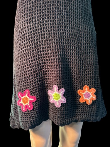 Vintage Y2K 90s Crochet Knit Halter Mini Dress Embroidered Flowers Size M - Picture 4 of 17