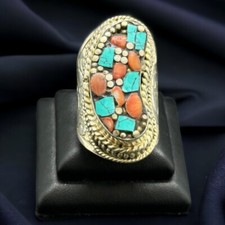 Anello vintage in ottone turchese pietra corallo turchese gioielli fatti a ma...