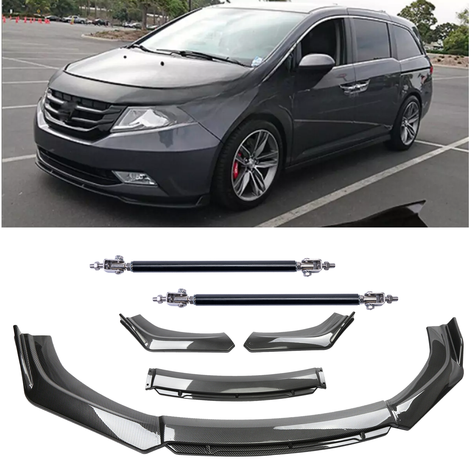 Carbon Fiber Front Bumper Lip Chin Kit For Honda Odyssey Strut Rod