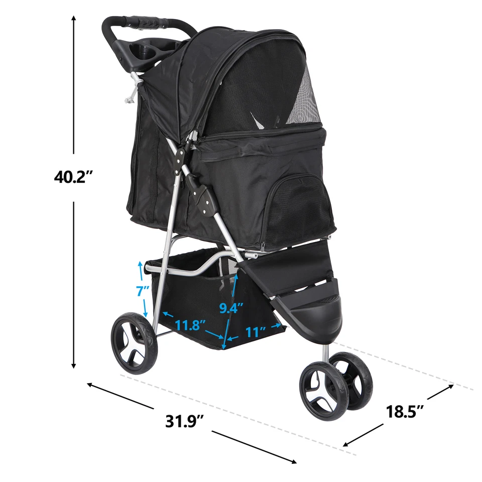 Dog Stroller 3 Wheels Pet Stroller Foldable Dog Cat Carrier Strolling w/Cup Hold - Image 3 of 4