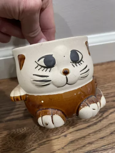 VINTAGE Cat Kitten 3D Stoneware Pottery Mug Cup Mid Century NL