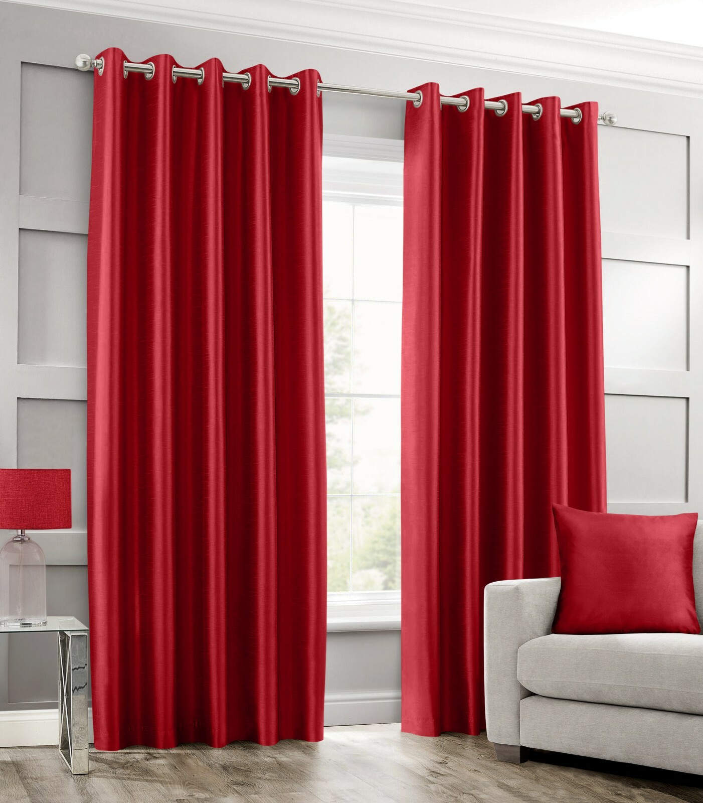 Luxury Plain Faux Silk Ready Made Lined Eyelet Ring Top Curtains Black