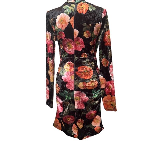 Guess Floral Tess Velvet Mini Dress Size M Wrap Front Zip Ruched Sides Body Con - Picture 4 of 12