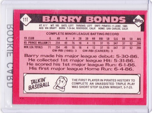 BARRY BONDS ROOKIE CARD 1986 Topps Traded VINTAGE BASEBALL RC Pirates Giants! - Bild 2 von 2