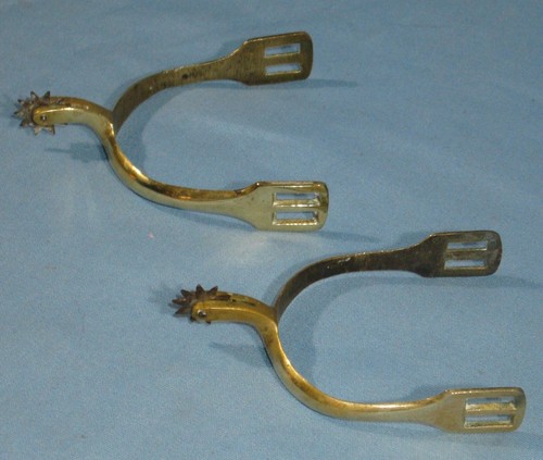 ANTIQUE PAIR CIVIL WAR ERA OFFICERS BRASS SPURS w/10-PT WORKING IRON ROWEL