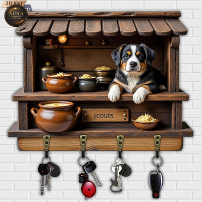 Wand Schlüsselanhänger 30cm - Hund Suppe Organizer 2D 4 Haken Eingang