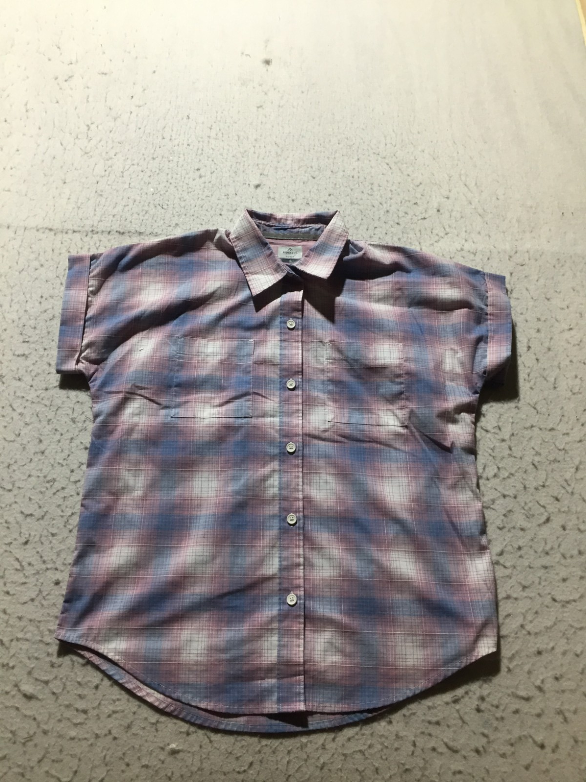 Ridgecut Toughwear Button Shirt Womens S Small Pink Blue Plaid Short Slv Pockets