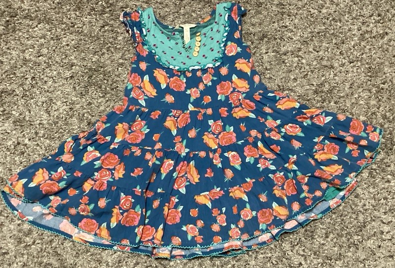 Matilda Jane Student Leader Ruffle Dress Girls Sz 4 Blue Pink Rose Floral Twirly