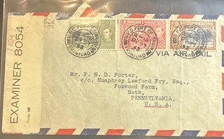 Trinidad & Tobago WWII Censored Air Mail Cover Handstamped to USA Postal History