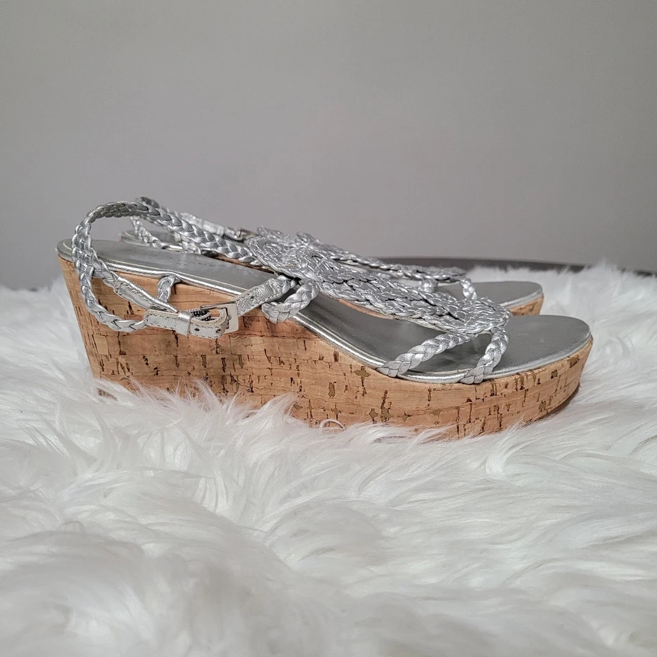Kate Spade New York Women’s 8.5 Wedge Sandals Silver Braided Cork Heel - Image 3 of 4