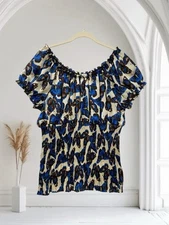 Cato Women’s Butterfly Print Pleated Blouson Top Size Large Whimsy Artsy Chic