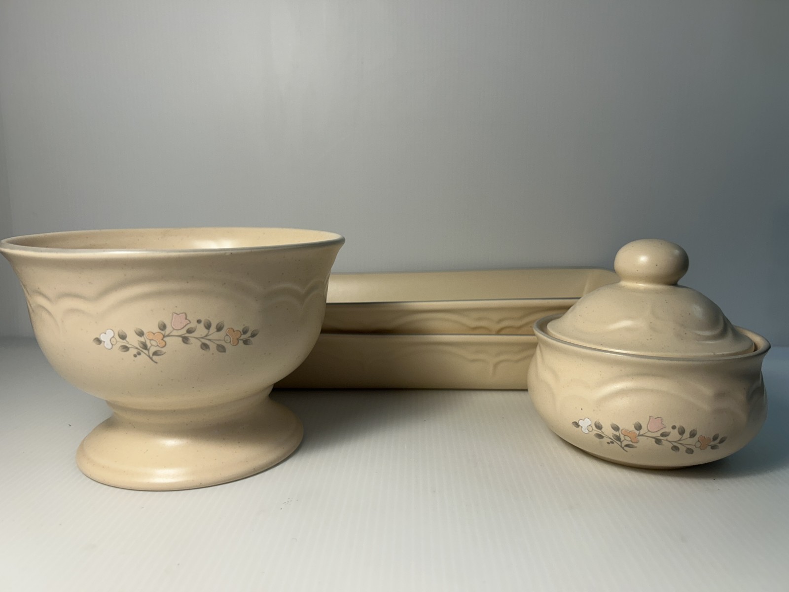 Floral Beige Bowl Tray 8pc Used