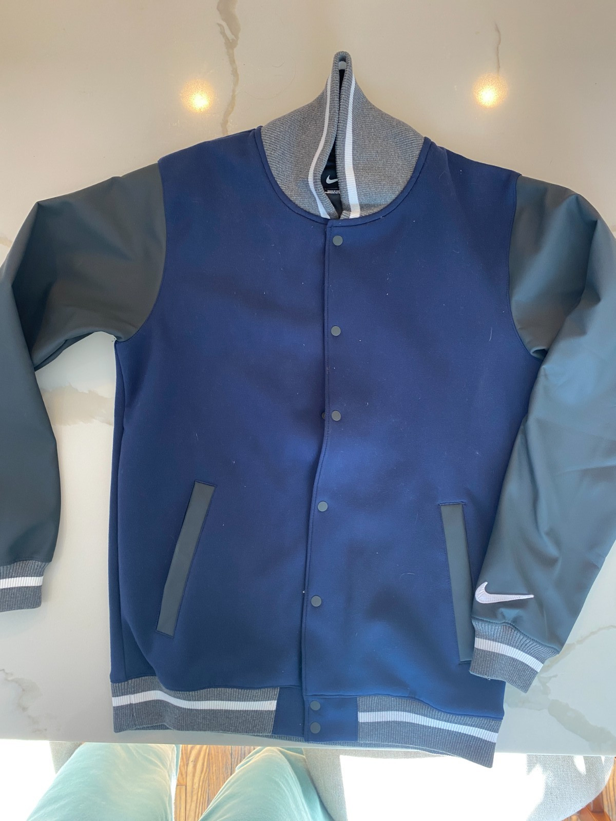 New Nike Team Varsity Letterman’s Bomber Jacket Navy/Anthracite/White Size Small thumbnail 3