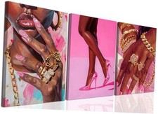 Black Girl Wall Art Set of 3 Fashion Black Woman Canvas Wall 24L" x 16W" Pink