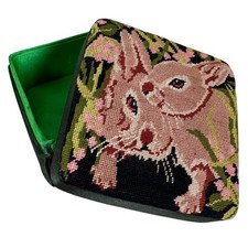 Vintage Easter Decor Petit Point Bunny Rabbit Trinket Jewelry Box Green Velvet