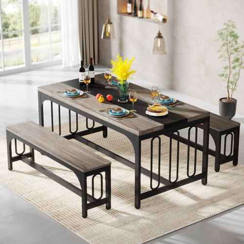 Dining Table Set for 4, Farmhouse Kitchen Table with 2 Benches, 3-Piece Dinin...