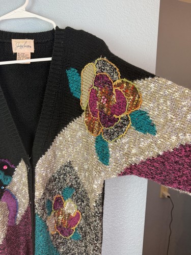 Vintage Jaclyn Smith Sweater Womens Medium Black Sequin Floral Knit Cardigan 80s - Picture 7 of 10