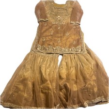 Gold Pakistani Net Salwar Kameez 3-Piece Outfit with Embroidery and Dupatta