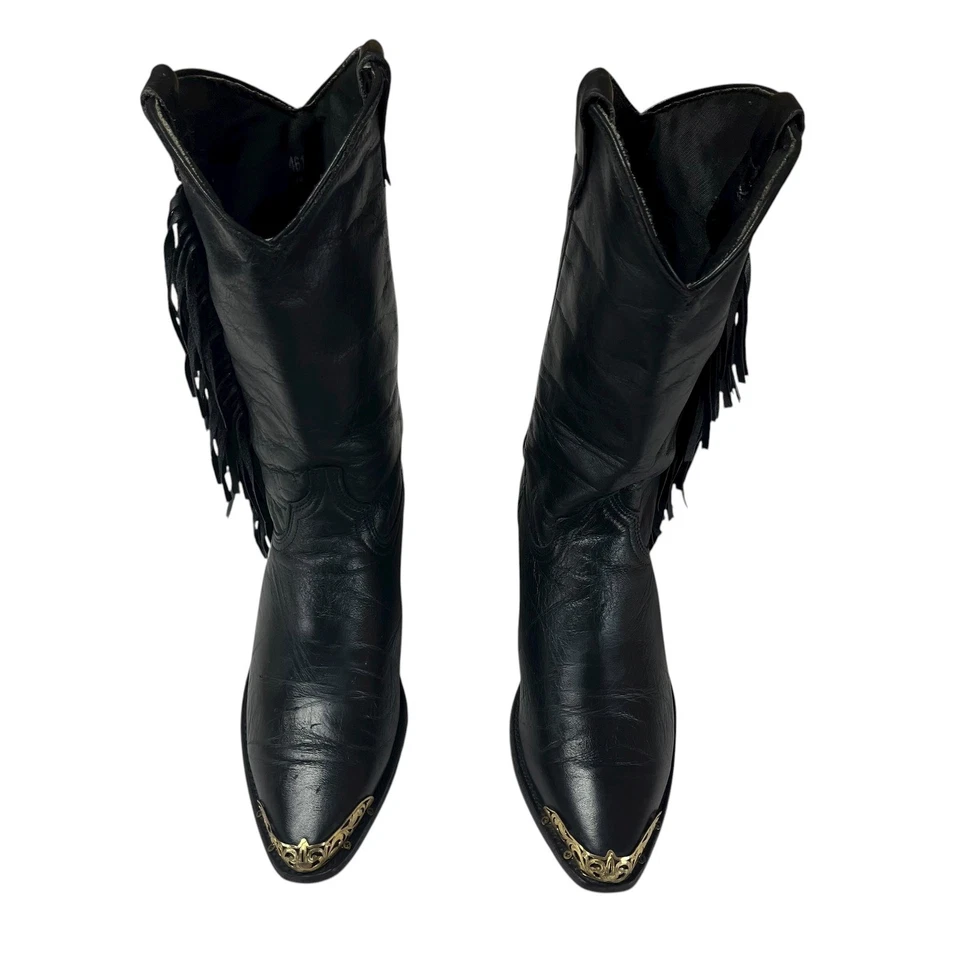 Botas de Vaquero Western Mujer 8.5 Cuero Negro Flecos Puntera de Metal Decoración Ecuestre Foto 4 de 4