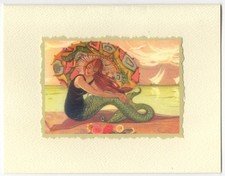 BEACH MERMAID W/ UMBRELLA~LONG RED HAIR~LUMIA BLANK NOTE CARD~GLITTER~UNUSED