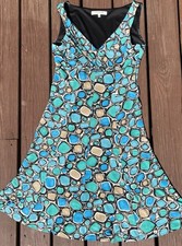 Geometric Seaglass Sleeveless Dress Womens 8 Sundress Flare A-line Vneck Retro