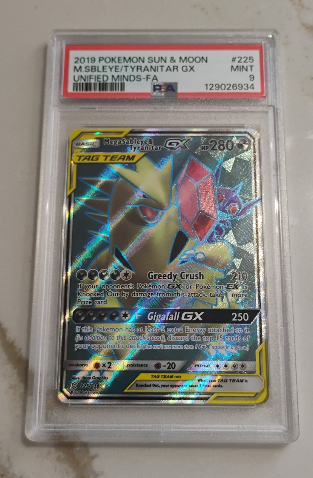 2019 Pokemon Unified Minds 225/236 Mega Sableye & Tyranitar GX Full Art PSA 9