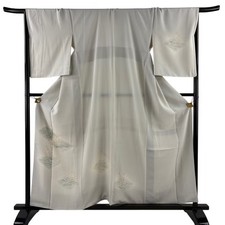 Japanese Silk Kimono M 159cm Grayish white Autumn grass Wave Lined Gold thread 5