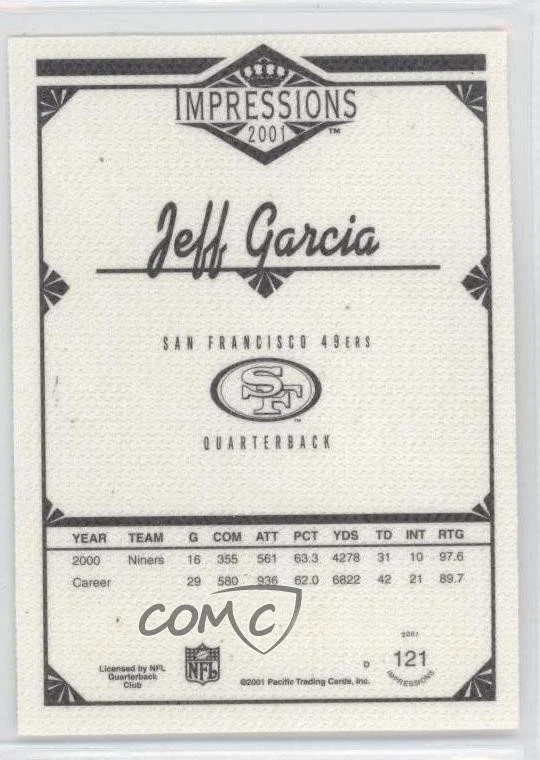 2001 Pacific Impressions Shadow Missing Serial Number Jeff Garcia #121 - Image 2 of 2