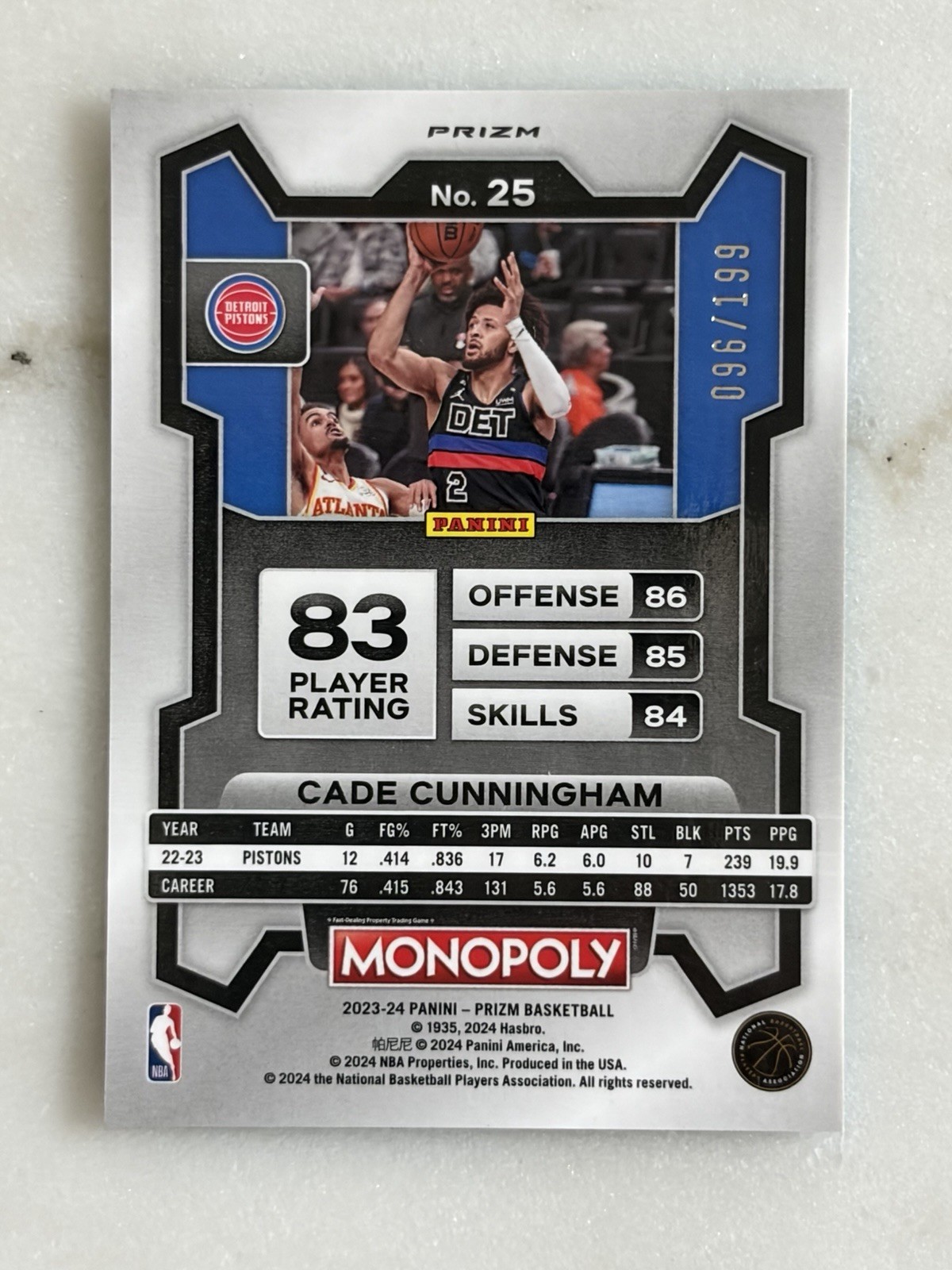 2023-24 Panini Prizm Monopoly Cade Cunningham #25 Light Blue /199 Pistons