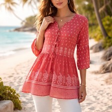 Yash Gallery Rayon Floral Printed Short Kurti Cotton Boho Tunic With Tassels M