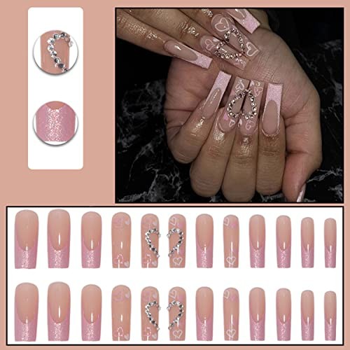 Glitter French Tips Press on Nails Long Square Fake Nails Pink Full French-1 - Bild 5 von 7