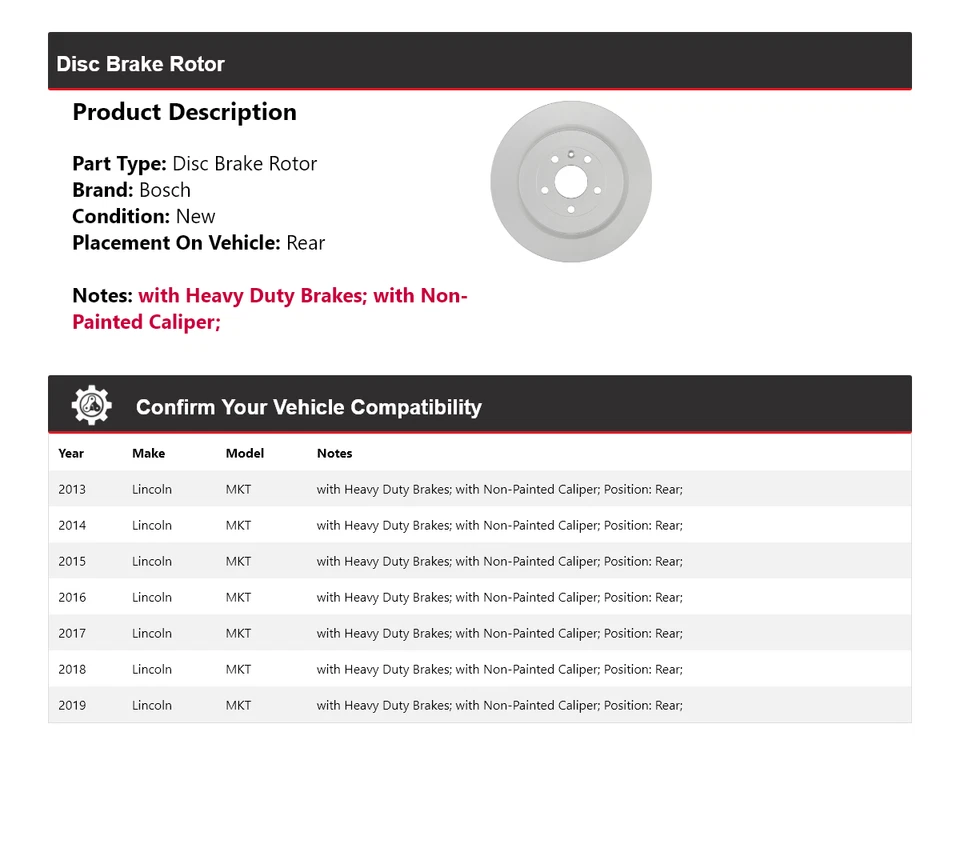 Задний тихий литой дисковый тормоз ротор для Lincoln MKT Bosch 2013-2019 годов выпуска 2014 2015 2016 годов выпуска - Изображение 2 из 4