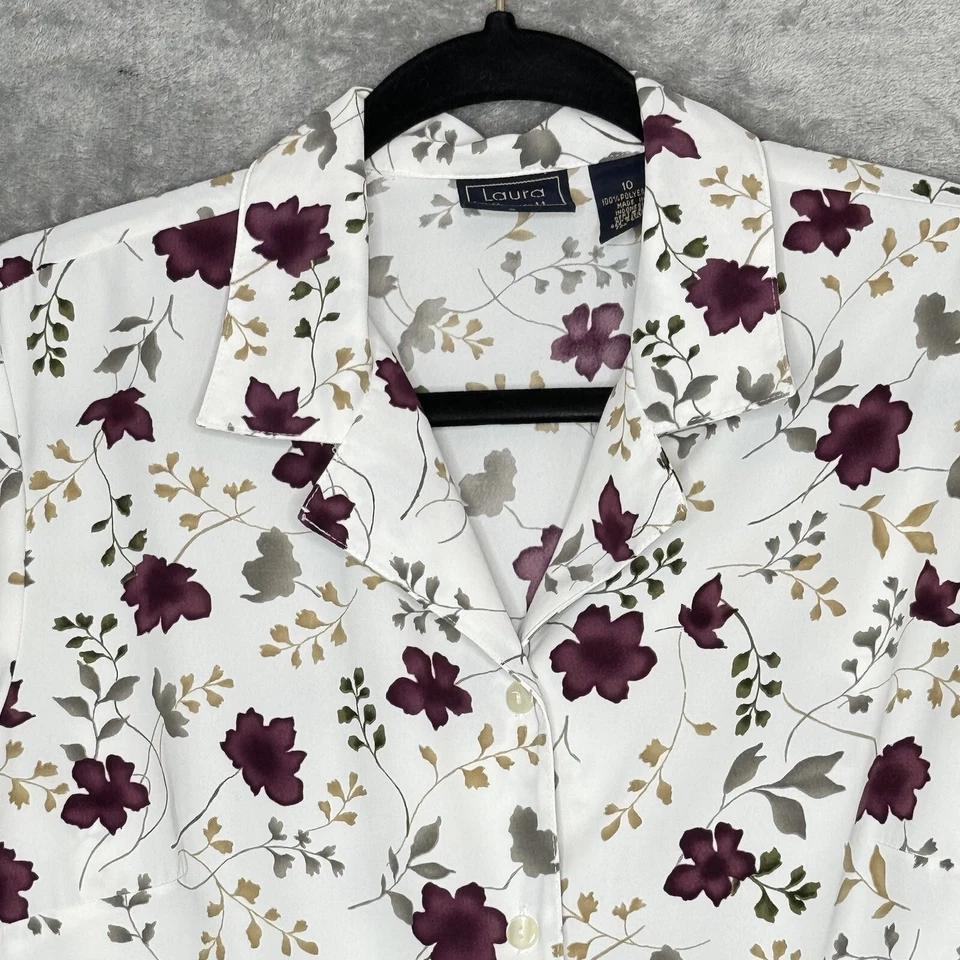 Camisa Top Laura Scott Para Mujer 10 Mediana Blanca Floral Abotonada Manga Larga Cuello en V Foto 3 de 4