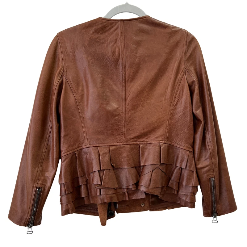 Phillip Lim Jacket Size 4 Brown Ruffle Hem Leather Asymmetrical Zip Moto Biker - Image 2 of 4