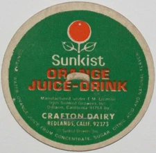 Vintage milk bottle cap CRAFTON DAIRY Sunkist Orange Redlands California unused